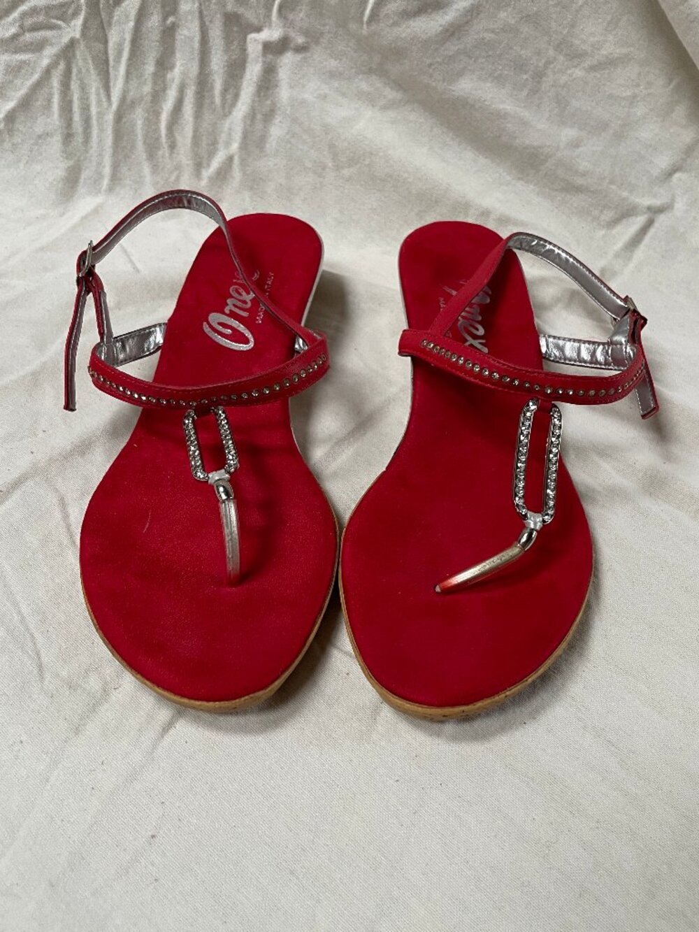 Onex Red Suede Rhinestone T-Strap Wedge Sandals Size 10